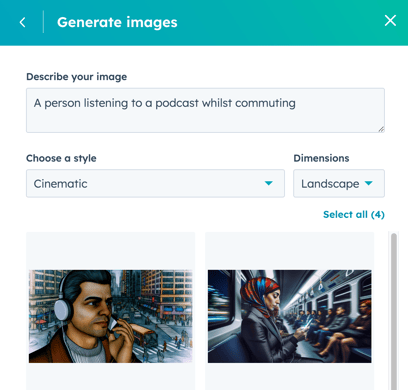 Opción de generación de imagenes con IA  de Hubspot Content Hub 