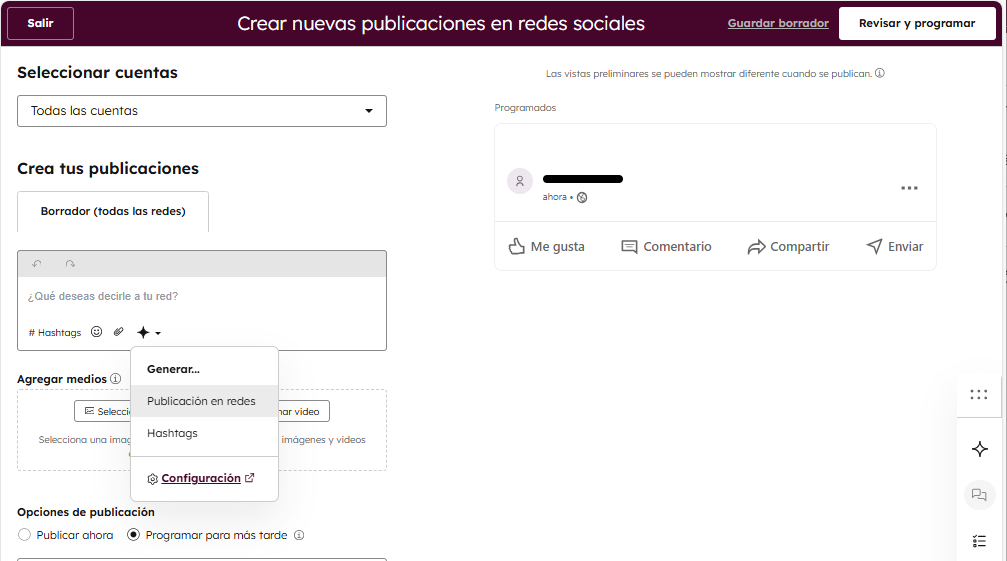 Asistente de contenido HubSpot_redes_sociales